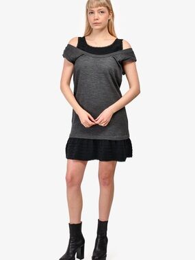 Miu Miu Cold-Shoulder Layered Hem Dark Gray Dress